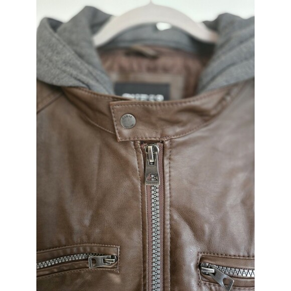 GUESS Mens Faux Leather Hooded Moto Jacket Brown XXL Zip Hood Wind Water Resist - Picture 7 of 16